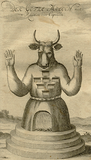 18th century depiction of the Moloch idol (Der Götze Moloch mit 7 Räumen oder Capellen; "The idol Moloch with seven chambers or chapels"), from Johann Lund's Die Alten Jüdischen Heiligthümer (1711, 1738).