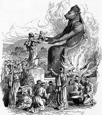 Offering to Molech (illustration from the 1897 Bible Pictures and What They Teach Us by Charles Foster). The illustration shows the typical depiction of Moloch in medieval and modern sources.