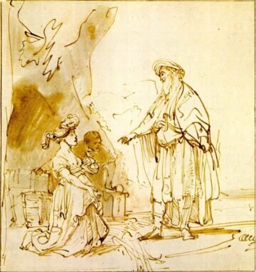 Rembrandt, Boas und Ruth, Feder- und Pinselzeichnung, 17,8 x 16,9 cm, um 1637-40. Berlin, Kupferstichkabinett der Staatlichen Museen